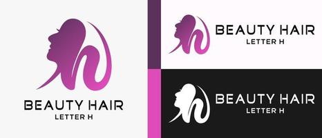 beauty logo design template with a woman's face and hair with a creative element concept in the shape of an h. beauty hair logo illustration, hair care and salon, premium vector