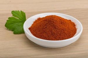 Paprika powder on the plate and wooden background photo