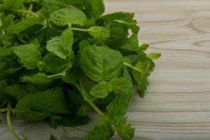 Mint leaves on wooden background photo