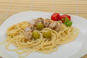 Spaghetti with chicken on the plate and wooden background photo
