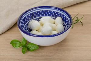 Mozzarella cheese in a bowl on wooden background photo