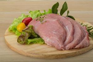 Raw pork schnitzel on wooden board and wooden background photo