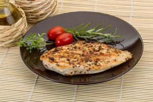 Grilled chichen breast on the plate and wooden background