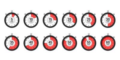 Separate stopwatch icon pack with different time every 5 minutes vector