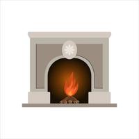 A classic fireplace with niches, decorative rosette and a fire inside the oven. An element of the living room interior. Vector illustration.