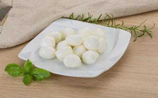 Mozzarella cheese on the plate and wooden background photo