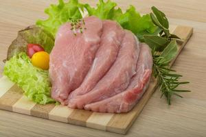 Raw pork schnitzel on wooden board and wooden background photo