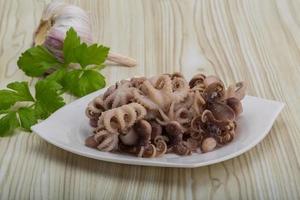 Boiled octopus on the plate and wooden background photo