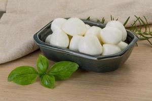 Mozzarella cheese in a bowl on wooden background photo