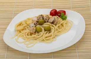 Spaghetti with chicken on the plate and wooden background photo