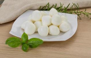 Mozzarella cheese on the plate and wooden background photo