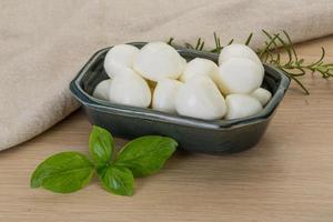 Mozzarella cheese in a bowl on wooden background photo