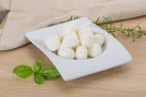 Mozzarella cheese in a bowl on wooden background photo