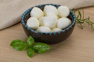 Mozzarella cheese in a bowl on wooden background photo