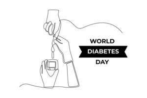 Continuous one line drawing hand using glucometer for checking blood sugar level. World diabetes day concept. Single line draw design vector graphic illustration.