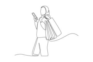 Single one line drawing pretty millennial lady in hijab enjoys online shopping with bags. Black Friday concept. Continuous line draw design graphic vector illustration.