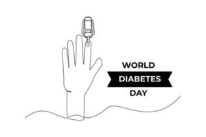 Continuous one line drawing hand using glucometer for checking blood sugar level. World diabetes day concept. Single line draw design vector graphic illustration.