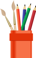 Pencil case in orange includes several pencils and a paintbrush png