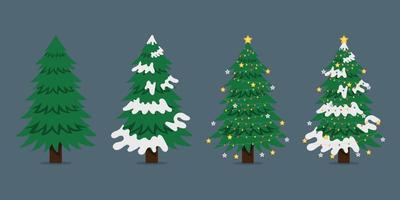 Christmas trees cartoon collection. New Years and xmas traditional symbol tree with garlands, light bulb, star. Winter holiday. vector