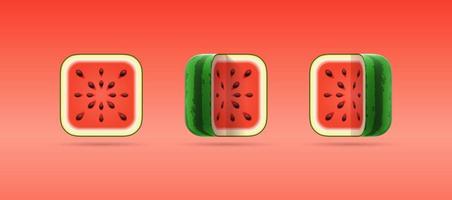 conjunto de iconos vectoriales de dibujos animados en 3d de sandía cortada cuadrada sobre fondo rojo. plantilla vectorial aislada de fruta de verano fresca madura para tienda vegetariana, logotipo, aplicación móvil. concepto de comida ecológica orgánica saludable vector