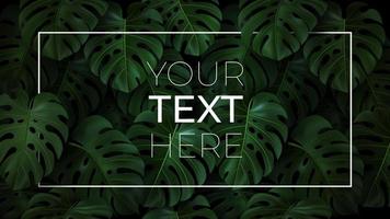 Vector horizontal template with copy space for your text in frame on dark background. Realistic Illustration with 3D tropical leaves monstera for cover, poster, banner, invitation card, ad, web design