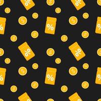 Vector seamless pattern with money and discount coupons. Coins and coupons on black background.