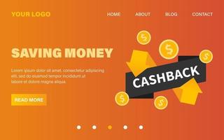 Cashback landing page web template. Website design. Money and arrows. Business cash back web page. Return of money from purchases. Modern cashback banner. vector