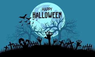 Happy halloween blue silhouette Horror background cemetery with text, vector illustration