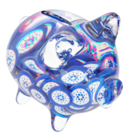 Cardano ADA Glass piggy bank with decreasing piles of crypto coins.Saving inflation, financial crisis and loosing money concept 3d illustration png