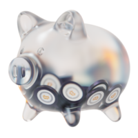 Wrapped Bitcoin WBTC Glass piggy bank with decreasing piles of crypto coins.Saving inflation, financial crisis and loosing money concept 3d illustration png