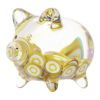 PAX Gold PAXG Glass piggy bank with decreasing piles of crypto coins.Saving inflation, financial crisis and loosing money concept 3d illustration png