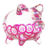 uniswap uni glas sparschwein mit abnehmenden stapeln von kryptomünzen. sparung von inflation, finanzkrise und geldverlust konzept 3d-illustration png