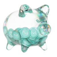 Maker MKR Glass piggy bank with decreasing piles of crypto coins.Saving inflation, financial crisis and loosing money concept 3d illustration png