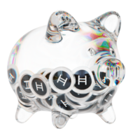 hedera hbar glas-sparschwein mit abnehmenden stapeln von kryptomünzen. sparung von inflation, finanzkrise und geldverlust konzept 3d-illustration png
