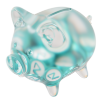Zilliqa ZIL Glass piggy bank with decreasing piles of crypto coins.Saving inflation, financial crisis and loosing money concept 3d illustration png