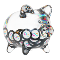 internet-computer-icp-glas-sparschwein mit abnehmenden stapeln von kryptomünzen. einsparung von inflation, finanzkrise und geldverlustkonzept 3d-illustration png