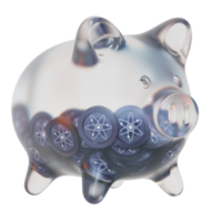 Cosmos ATOM Glass piggy bank with decreasing piles of crypto coins.Saving inflation, financial crisis and loosing money concept 3d illustration png