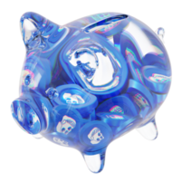 ApeCoin APE Glass piggy bank with decreasing piles of crypto coins.Saving inflation, financial crisis and loosing money concept 3d illustration png