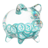 zilliqa zil sparschwein aus glas mit abnehmenden stapeln von kryptomünzen. einsparung von inflation, finanzkrise und verlust von geldkonzept 3d-illustration png