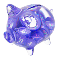 stapelt stx-glas-sparschwein mit abnehmenden stapeln von kryptomünzen. sparung von inflation, finanzkrise und geldverlustkonzept 3d-illustration png