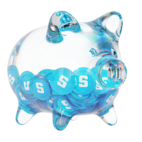 The Sandbox SAND Glass piggy bank with decreasing piles of crypto coins.Saving inflation, financial crisis and loosing money concept 3d illustration png