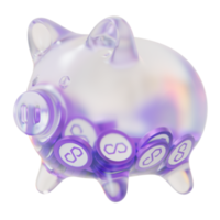 polygon matic glas sparschwein mit abnehmenden stapeln von kryptomünzen. sparung von inflation, finanzkrise und geldverlust konzept 3d-illustration png