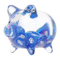 ApeCoin APE Glass piggy bank with decreasing piles of crypto coins.Saving inflation, financial crisis and loosing money concept 3d illustration png