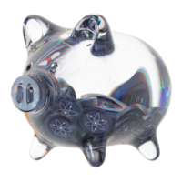 Kosmos-Atom-Glas-Sparschwein mit abnehmenden Stapeln von Krypto-Münzen. Einsparung von Inflation, Finanzkrise und Geldverlust-Konzept 3D-Illustration png