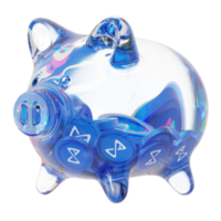 Axie Infinity AXS Glass piggy bank with decreasing piles of crypto coins.Saving inflation, financial crisis and loosing money concept 3d illustration png