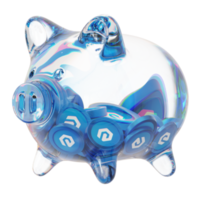 eCash XEC Glass piggy bank with decreasing piles of crypto coins.Saving inflation, financial crisis and loosing money concept 3d illustration png