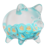 Pancakeswap cake glass piggy bank con montones decrecientes de monedas criptográficas.ahorro de inflación, crisis financiera y pérdida de dinero concepto 3d ilustración png