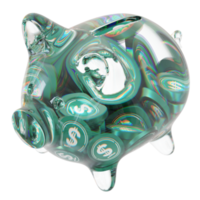 USDD USDD Glass piggy bank with decreasing piles of crypto coins.Saving inflation, financial crisis and loosing money concept 3d illustration png