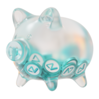 Zilliqa ZIL Glass piggy bank with decreasing piles of crypto coins.Saving inflation, financial crisis and loosing money concept 3d illustration png