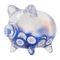 cardano ada glas-sparschwein mit abnehmenden stapeln von kryptomünzen. sparung von inflation, finanzkrise und geldverlust konzept 3d-illustration png